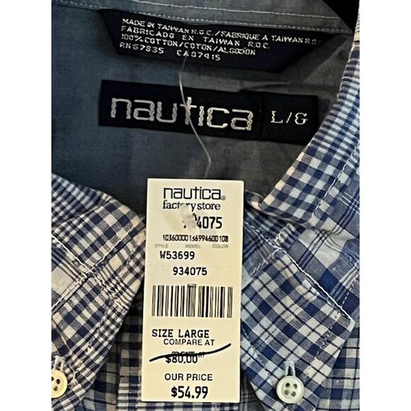 NWT VTG Y2K Nautica Shirt Mens Blue White Madras Button Down Full Fit Size L - Picture 3 of 3
